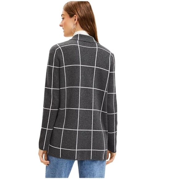 Loft Navy Windowpane Relaxed Sweater Blazer Open Front Pockets Sustainable S - Picture 4 of 7